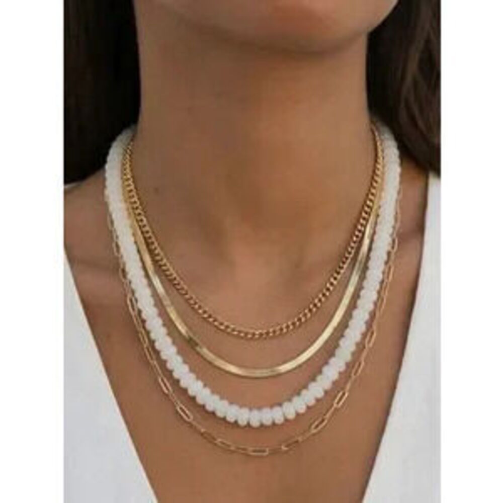 Gold and White Bead Layered Statement Necklace (5507)